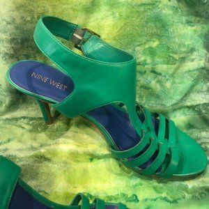 Nine West Sz 9.5 Green Strappy Sandals 3" Heel